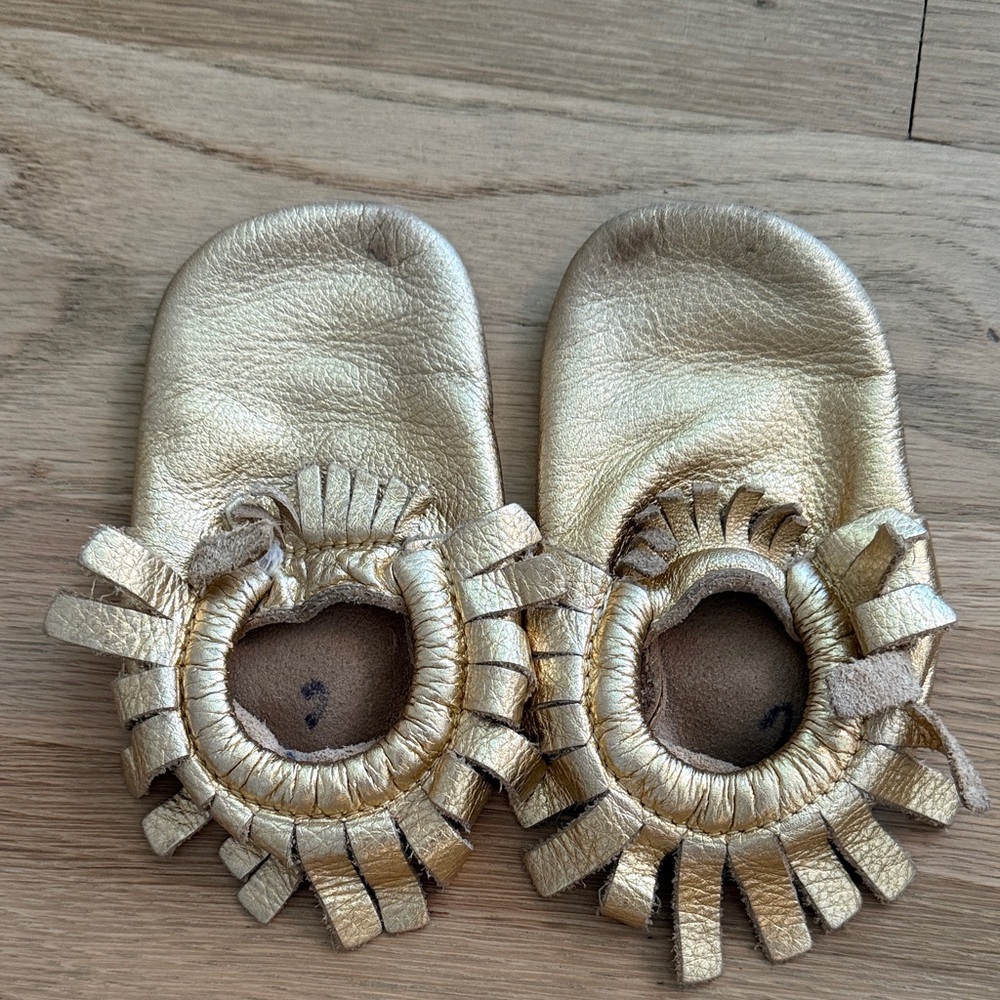 Freshly picked Gold Baby Moccasins with Fringe size 6